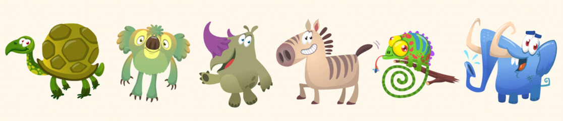 Set of funny animals isolated on white background. Cartoon turtle koala rhino zebra chameleon and elephant