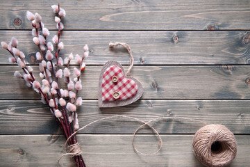 Rustic springtime background. Bunch of pussy willow twigs tied with hemp cord. Textile soft...