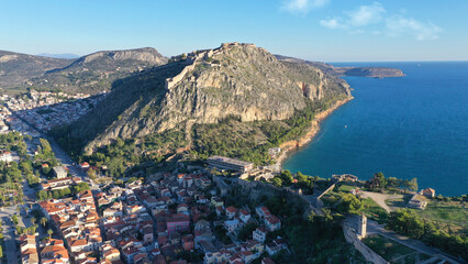 Aerial drone photo of iconic fortress of Palamidi built uphill overlooking old city of Nafplio well...