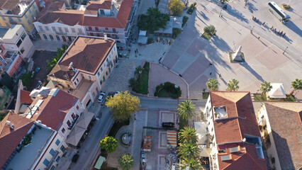 Aerial drone photo of picturesque main square in old city of Nafplio know as Syntagma square, Argolida, Peloponnese, Greece