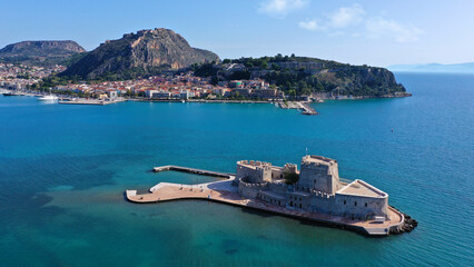 Aerial drone photo of iconic fortress of Bourtzi built in small islet in gulf of Argolida used as a...