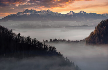Winter landscape of the Slovak Tatras at sunset. - obrazy, fototapety, plakaty