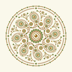 Jewellery luxury mandala with paisley motifs Round ornament made of gold jewelry chains, green gems, rhinestones, ball beads in vintage style. For prints, poster, cover, textile, surface design