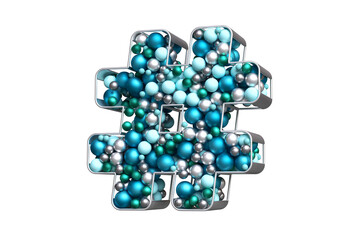 Hashtag sign filled with Christmas balls. Silver, blue and teal balls floating in a silver hashtag shape. High quality 3D rendering.