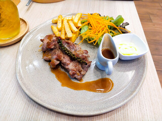 black pepper pork steak in restaurant