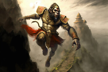 AI generated image of Hindu god Hanuman taking a mighty leap 