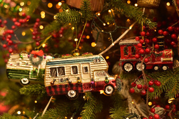 Christmas tree décor with toys. New Year