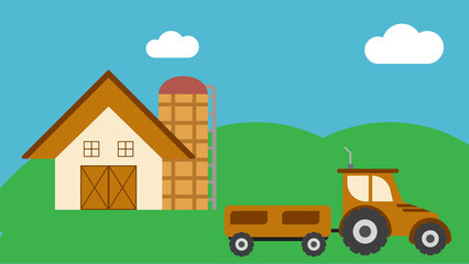 Farm illustration, barn, tracker graphic background