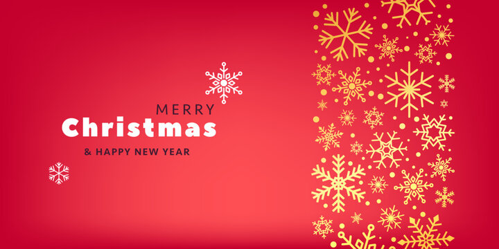 3d vector red background Happy new Year 2023 and Merry Christmas with flying different gold snowflakes shape border banner design