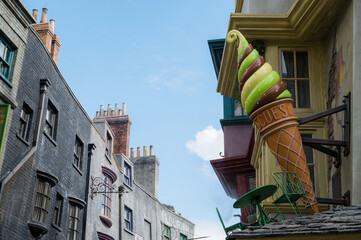 Fototapeta premium Orlando, Florida, United States. November 15 2022. Harry Potter Diagon Alley attraction at Universal Studios with Christmas season decorations.
