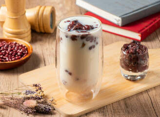 Wantan Red Bean Thick Soy Milk served in glass isolated on table top view of asian food