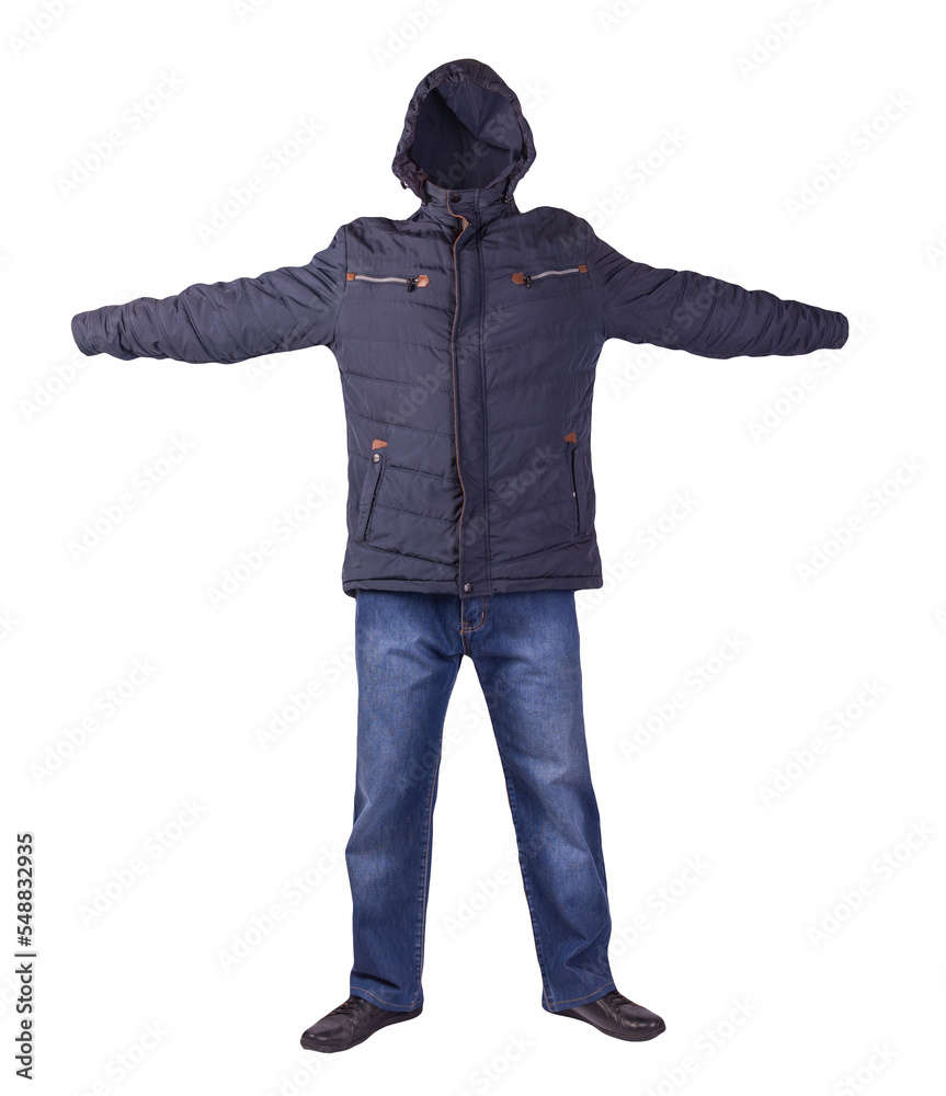 Poster dark blue jeans, black leather shoes, jacket isolated on white background.