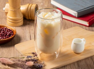 pure soy milk served in bowl isolated on table top view of asian food