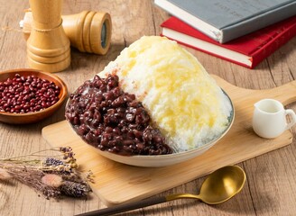 Red Bean Milk Ice served in bowl isolated on table top view of asian food