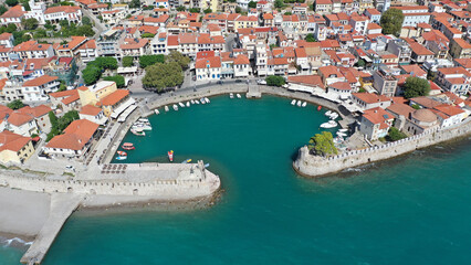 Fototapeta na wymiar Aerial drone photo of picturesque old city of Nafpaktos famous for Venetian old harbour resembling a small fortified port, Greece