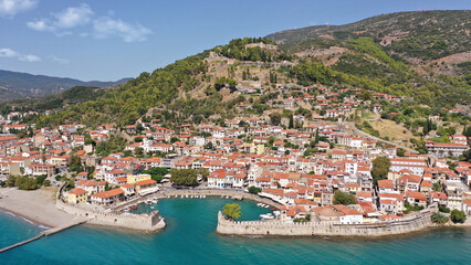 Fototapeta na wymiar Aerial drone photo of picturesque old city of Nafpaktos famous for Venetian old harbour resembling a small fortified port, Greece
