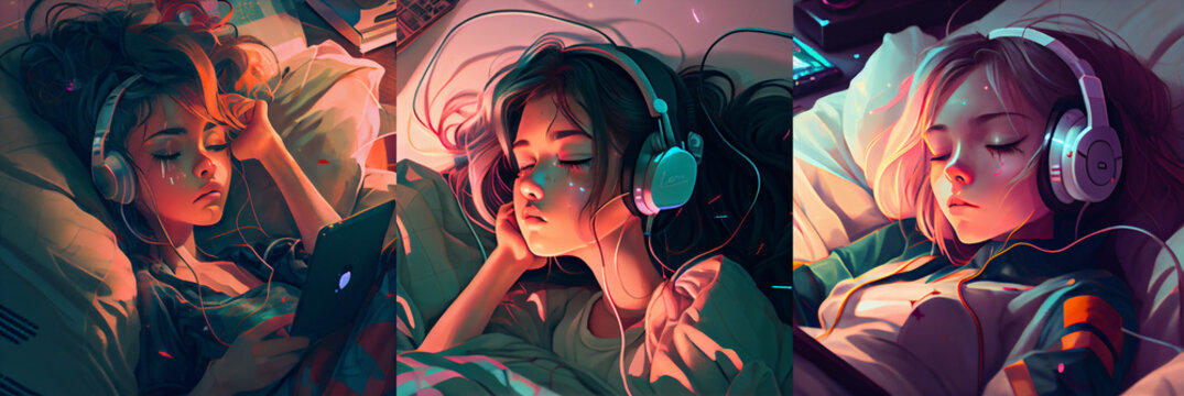 Lofi girl laying on the bed. Smooth atmosphere, hip hop. Soft colors, soft lights. Cozy illustration with girl. colorful background with butterflies, collection