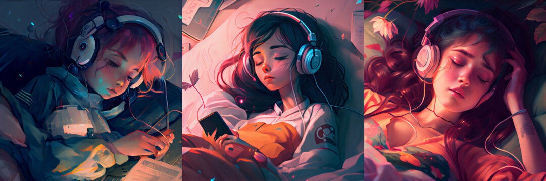 Lofi girl laying on the bed. Smooth atmosphere, hip hop. Soft colors, soft lights. Cozy illustration with girl. background with flames, collections