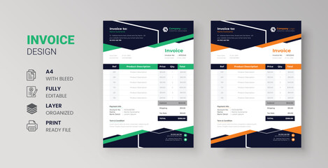 Clean modern invoice design for corporate business marketing company balance sheet letterhead design