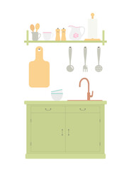 Provence style kitchen cabinet in green color with kitchen utensils. Rustic interior concept. Wooden furniture. Cartoon flat style. Vector illustration