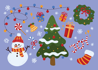 Fototapeta na wymiar Set with Christmas tree, snowman, gifts and decoration