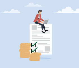 Online earnings and investment concept. Young man working with laptop on stack of dollars. vector
