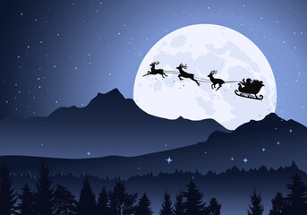 Obraz na płótnie Canvas Santa's Sleigh, Illustration of Santa Claus driving his sleigh with reindeer running in the moonlight and starlight in the mountain and forest. Merry Christmas, happy new Year greeting card 