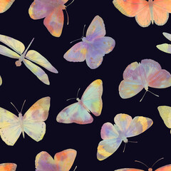 colorful butterflies, drawn in watercolor, collected in a seamless pattern for wallpapers, invitations, wrapping paper.