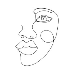 Continuous one line drawing of woman face. Hand drawn line art, fashion concept, feminine beauty minimalist. Print, illustration for t-shirt, design, logo for cosmetics, etc