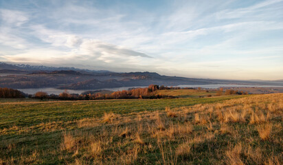 Mountain landscape in the morning on Lake Czorsztyńskie in Pieniny.