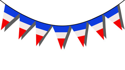 Obraz premium Banderines en forma de triangulo con la bandera de Francia sobre una pared blanca haciendo sombra. Banderas de Francia.