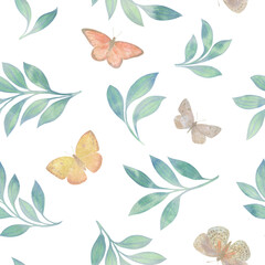 abstract botanical pattern of butterflies and leaves. watercolor illustration for wallpaper, textile, print.