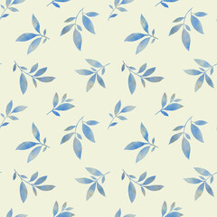 Pattern with watercolor green leaves on branches. Abstract botanical background from watercolor leaves.