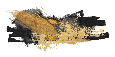 Png Black Art Watercolor flow blot with gold elements. Abstract texture color stain on transparent background.