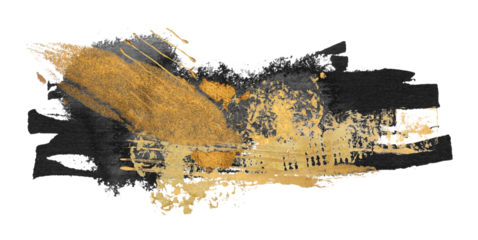 Png Black Art Watercolor flow blot with gold elements. Abstract texture color stain on transparent background.
