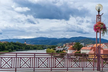 Papier Peint photo autocollant Stari Most Drava river from the Old Bridge (Stari Most) at Maribor City in Slovenia