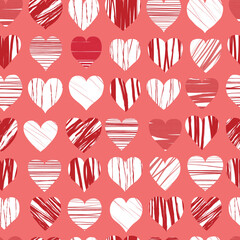 Fototapeta premium Seamless pattern with hand drawn hearts with brush texture. 