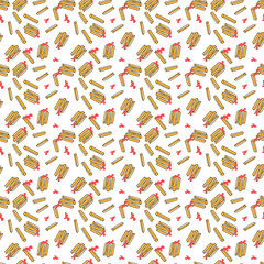 Seamless frecnh fries pattern, Potato fries repeat print, Chips and ketchup background, Fast food backdrop,  Packaging design, Stationery  or textile print