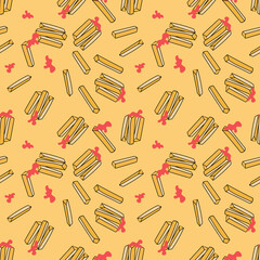 Seamless frecnh fries pattern, Potato fries repeat print, Chips and ketchup background, Fast food backdrop,  Packaging design, Stationery  or textile print