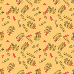 Seamless frecnh fries pattern, Potato fries repeat print, Chips and ketchup background, Fast food backdrop,  Packaging design, Stationery  or textile print