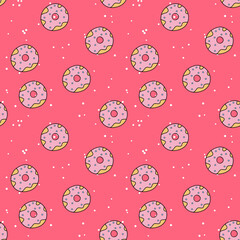 Seamless donut patter, Vibrant colors doughnuts repeat print,  Sweet treat ornament, Wrapping paper design,  Cartoon style pink donuts background,  Blue spronkles and pink glaze donut ornament
