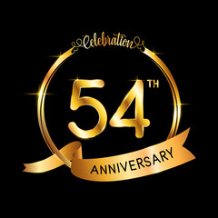 54th Anniversary. Perfect template design for Anniversary celebration event with gold color ribbon and ring, vector illustration