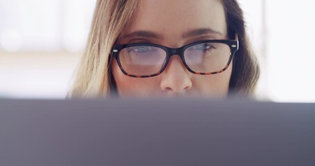 Woman, reading glasses and laptop screen reflection for business communication or email notification online. Web design worker, blog manager and seo network employee or report analytics on computer