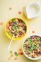 Ring-shaped sweet breakfast cereal with milk.