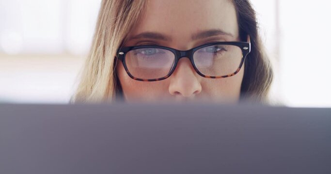 Woman, reading glasses and laptop screen reflection for business communication or email notification online. Web design worker, blog manager and seo network employee or report analytics on computer