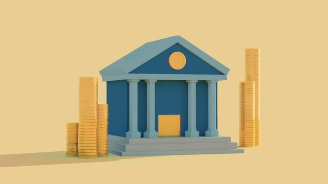 Bank with money and animated hand putting coin into savings