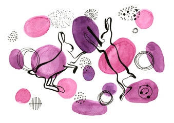 Black Rabbits dotted doodle with watercolor pink circles. High quality illustration