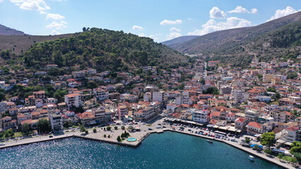 Fototapeta na wymiar Aerial drone photo of small seaside town of Amfilochia in Ambracian gulf, central Greece