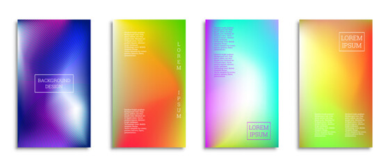 Bright gradient background for the cover. Set of 4 covers. Creative modern vector illustration. Holographic spectrum.