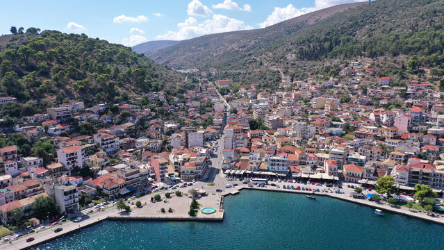 Aerial drone photo of small seaside town of Amfilochia in Ambracian gulf, central Greece